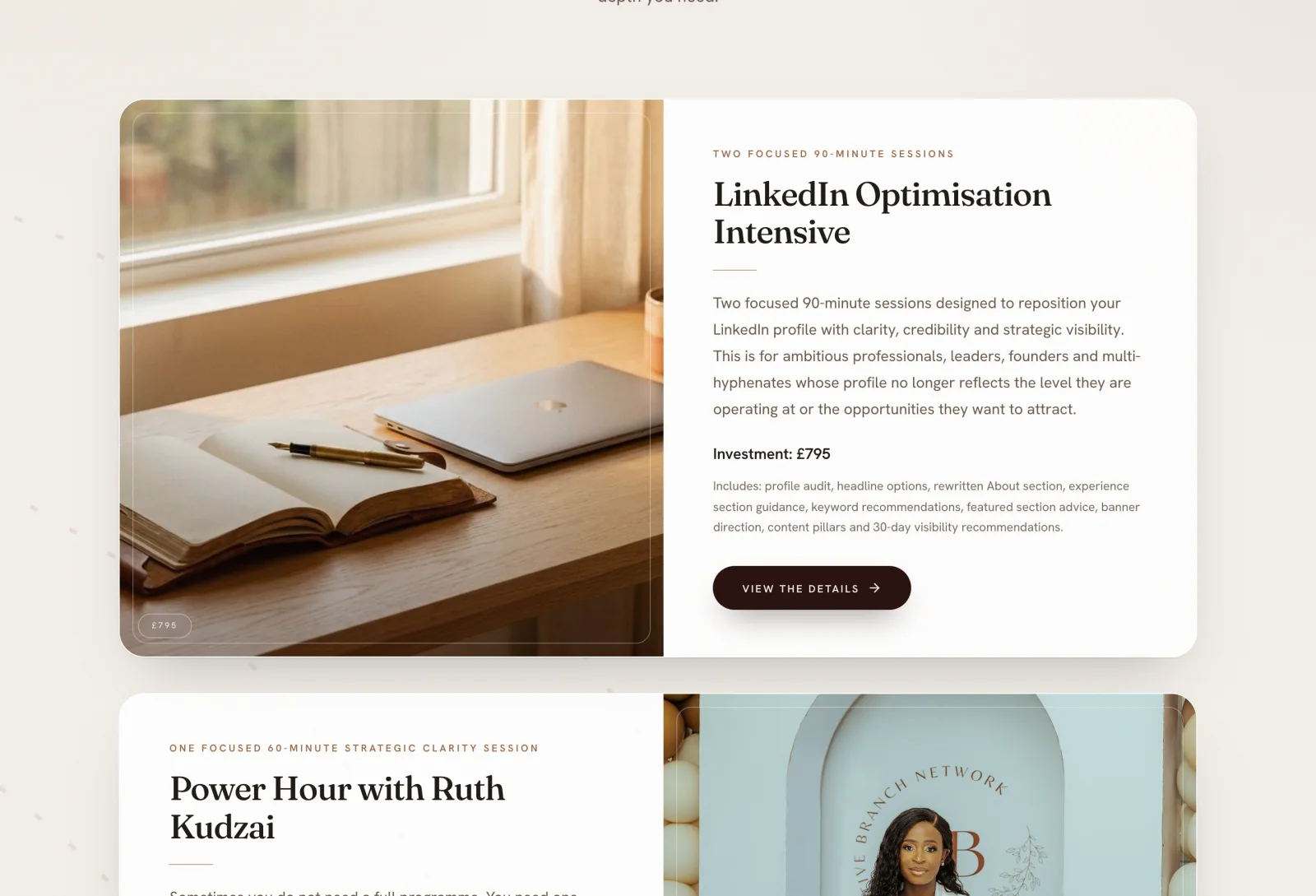 The real Ruth Kudzai services page, with the session details and prices